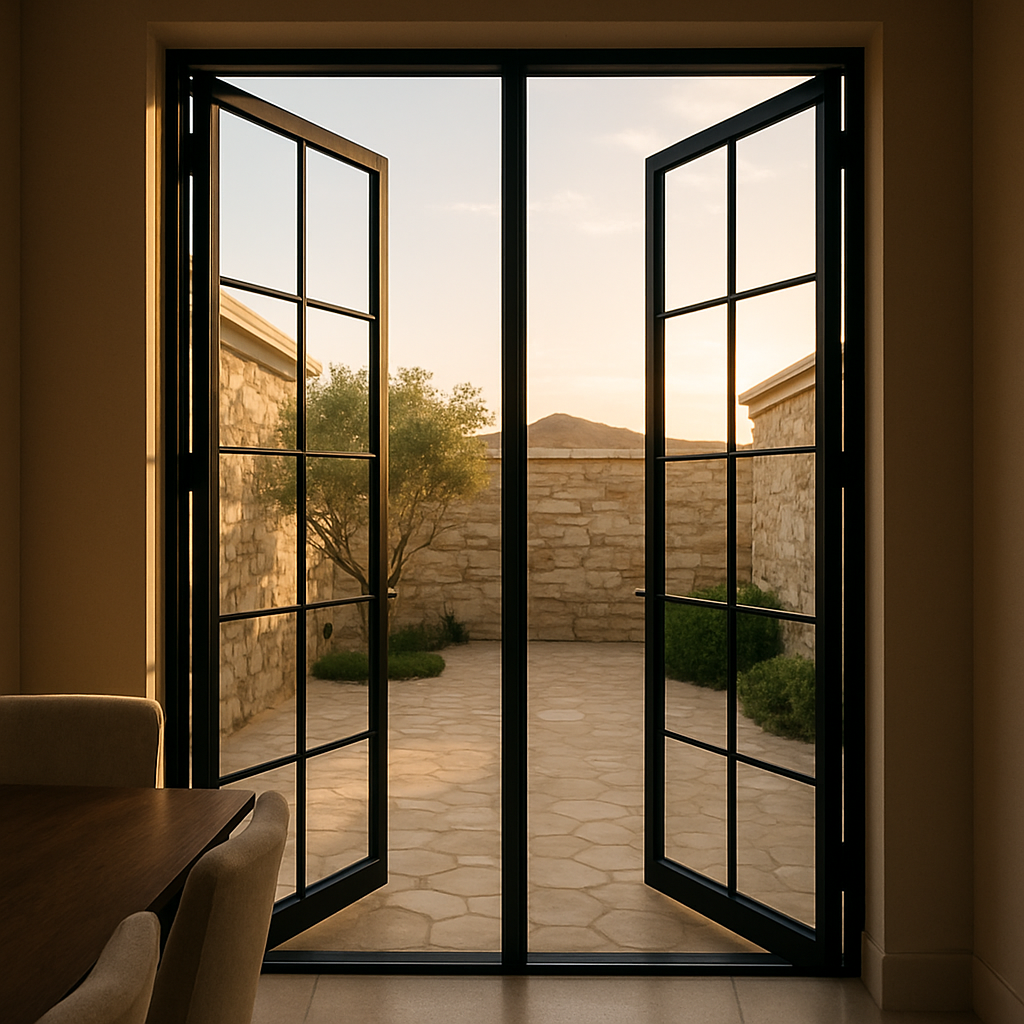French doors opening to courtyard with stone wall and olive tree at sunset