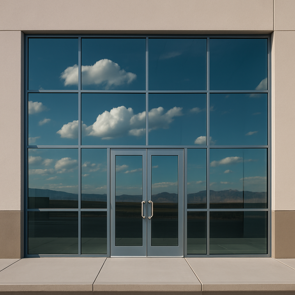 Custom windows and doors reflecting sky and clouds on modern building exterior in Las Vegas, NV