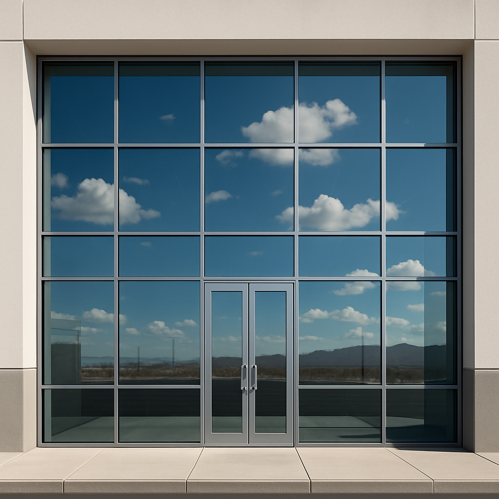 Modern building facade with large glass windows and double doors in Spring Valley, NV