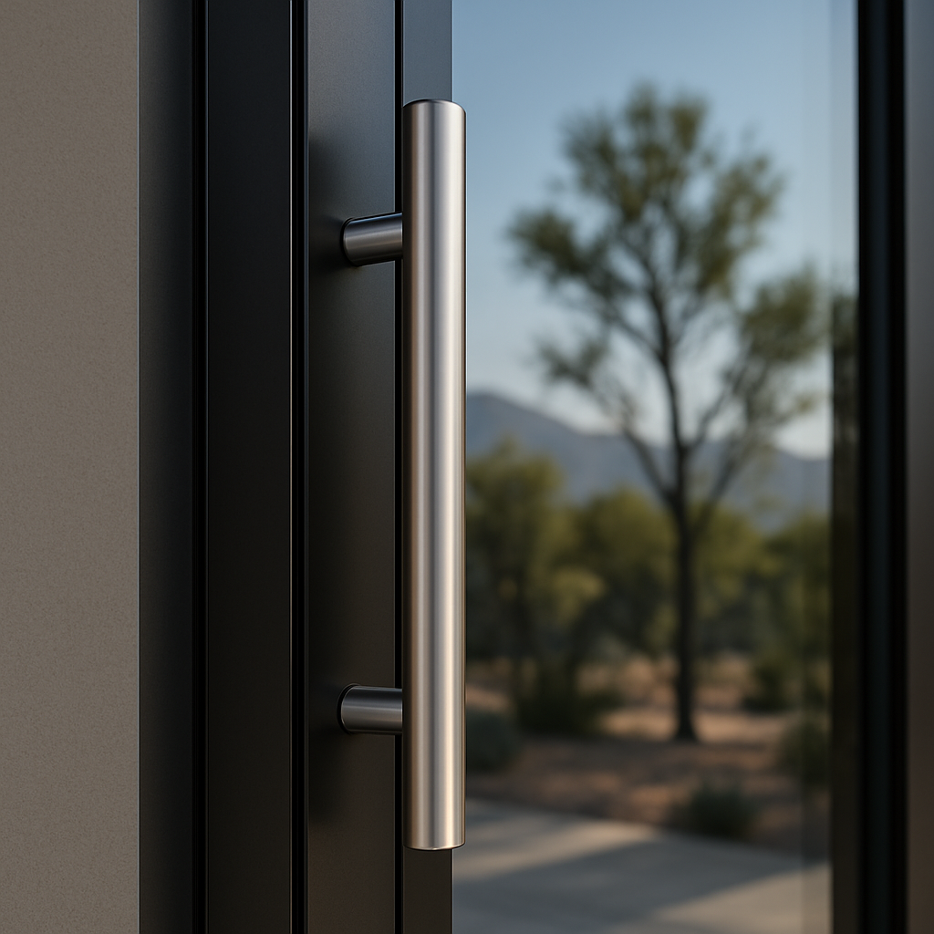 Modern door handle installation, sleek black door, outdoor view